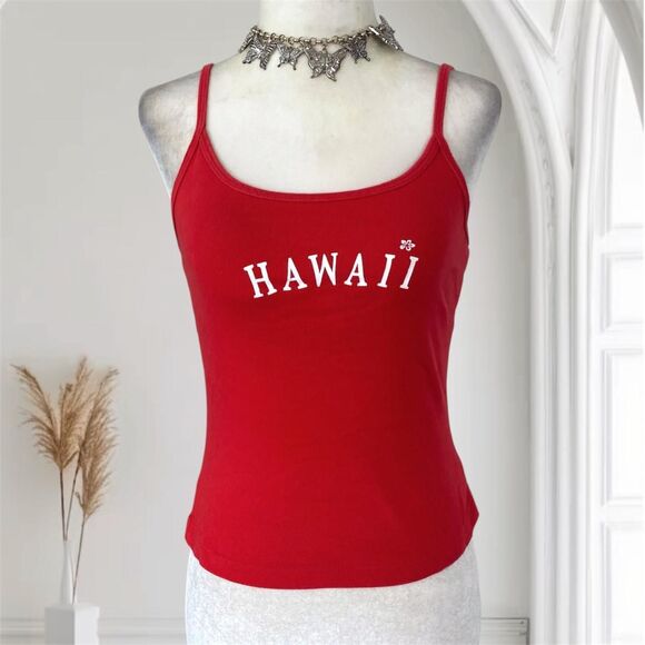 Early 2000's Made in USA Red Cotton White Hawaii Flower Print Cami Top S - Picture 1 of 6